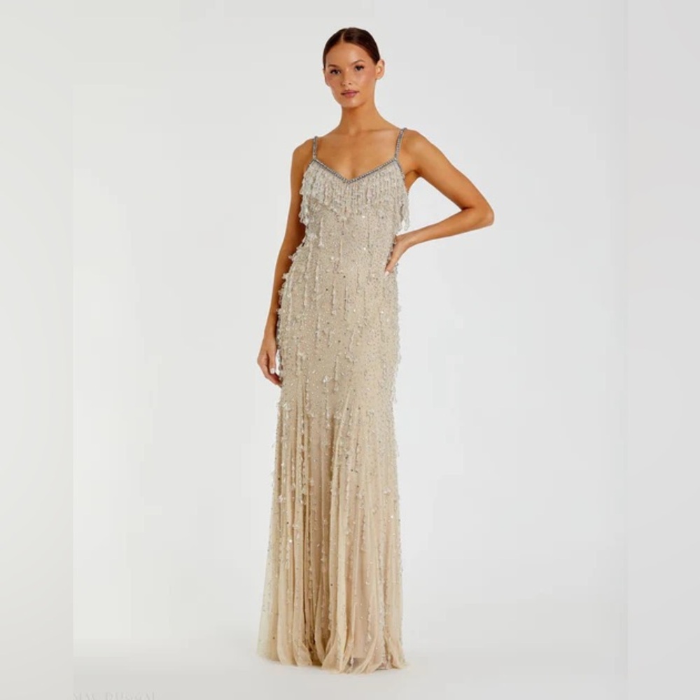Mac Duggal Champagne Beaded Fringe Evening Gown